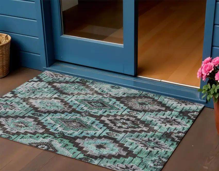 Teal Blue And Gray Aztec Washable Indoor Outdoor Area Rug Photo 2