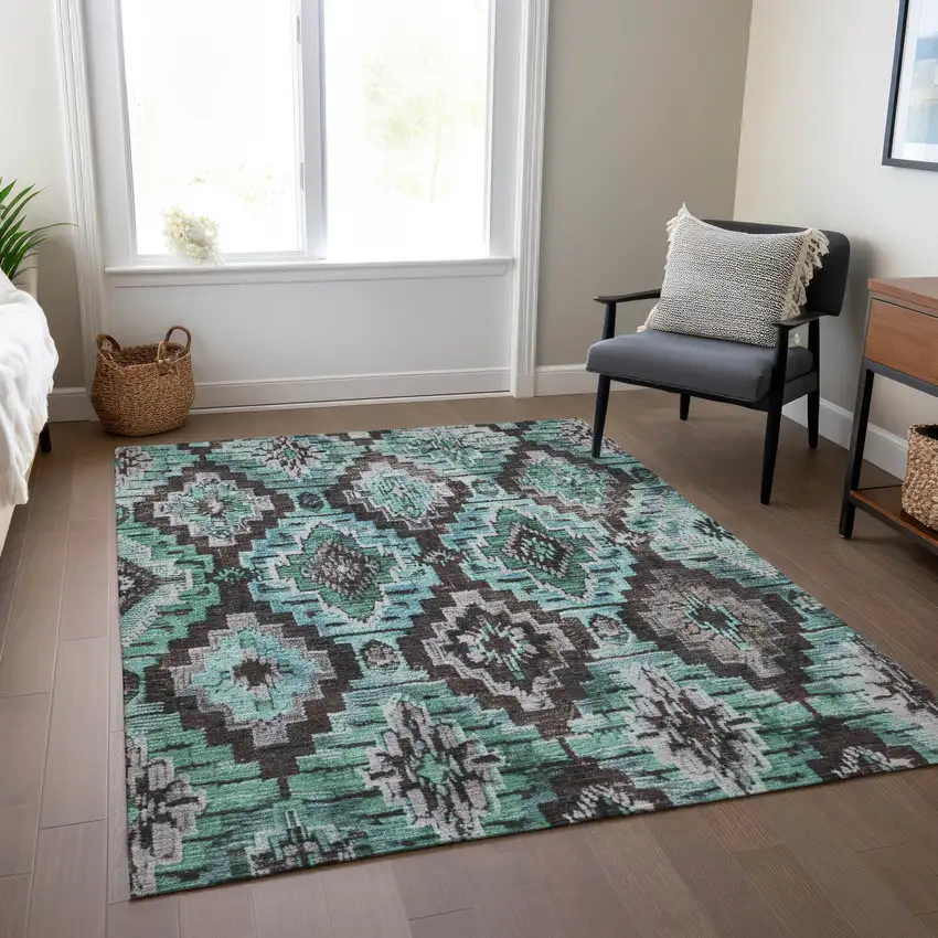 Teal Blue And Gray Aztec Washable Indoor Outdoor Area Rug Photo 7