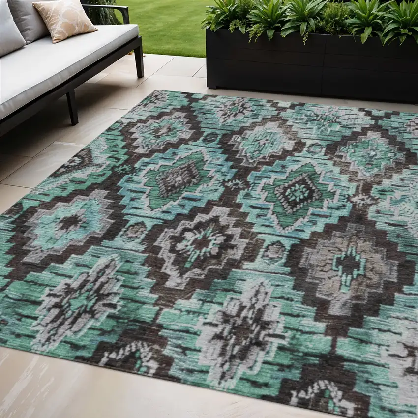 Teal Blue And Gray Aztec Washable Indoor Outdoor Area Rug Photo 2