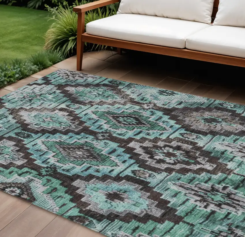Teal Blue And Gray Aztec Washable Indoor Outdoor Area Rug Photo 2