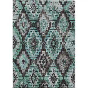 Photo of Teal Blue And Gray Aztec Washable Indoor Outdoor Area Rug