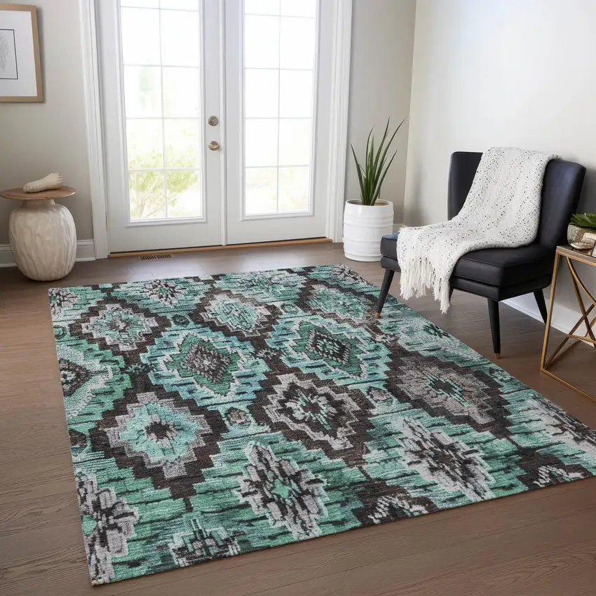 Teal Blue And Gray Aztec Washable Indoor Outdoor Area Rug Photo 6