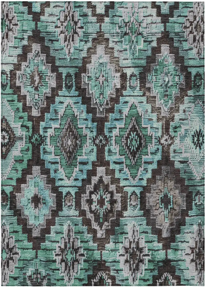 Teal Blue And Gray Aztec Washable Indoor Outdoor Area Rug Photo 1