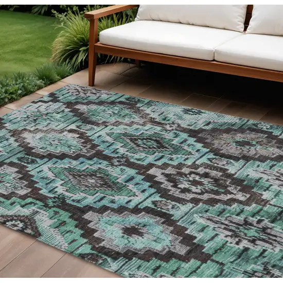 Teal Blue And Gray Aztec Washable Indoor Outdoor Area Rug Photo 2
