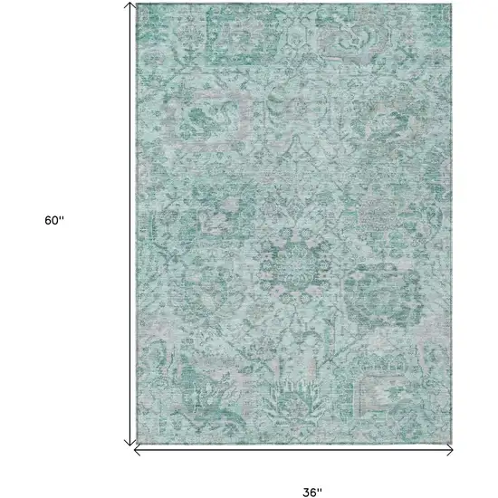 Teal Blue And Gray Damask Washable Indoor Outdoor Area Rug Photo 7
