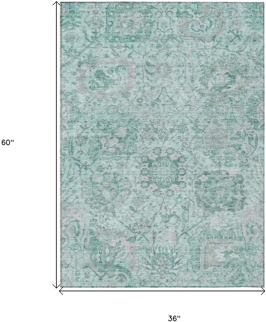 Teal Blue And Gray Damask Washable Indoor Outdoor Area Rug Photo 7