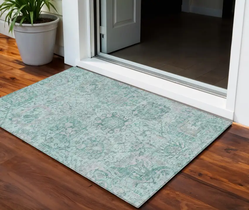 Teal Blue And Gray Damask Washable Indoor Outdoor Area Rug Photo 1
