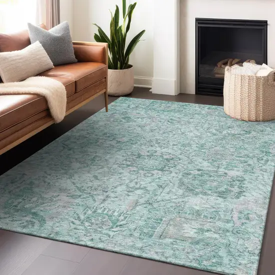 Teal Blue And Gray Damask Washable Indoor Outdoor Area Rug Photo 8