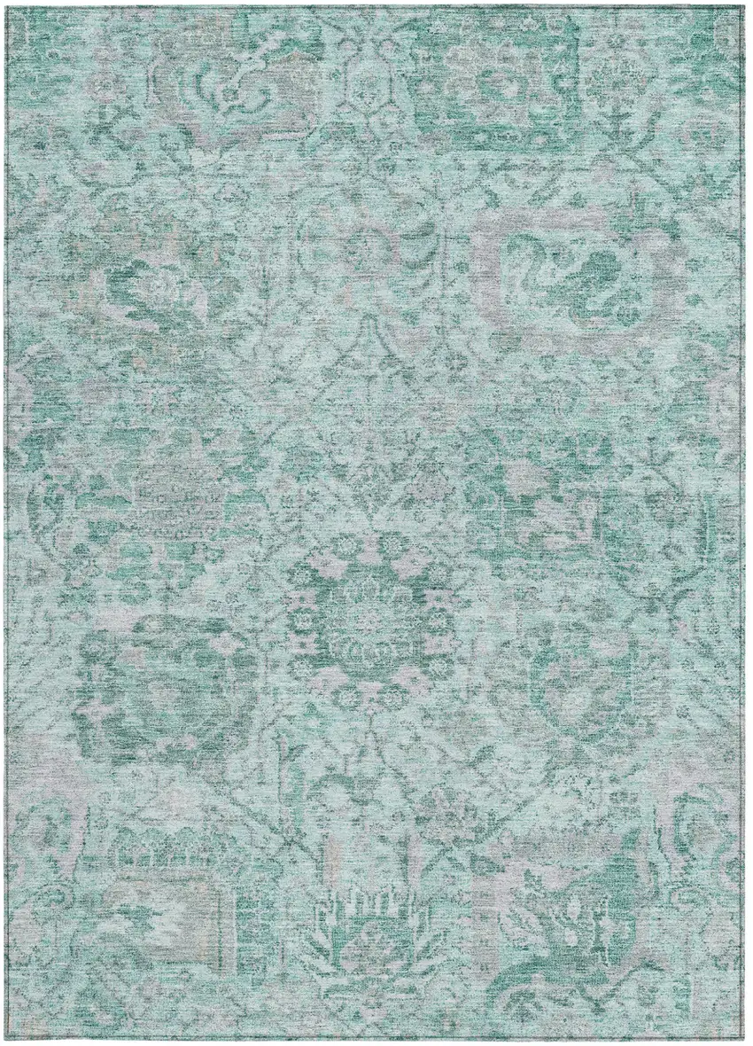 Teal Blue And Gray Damask Washable Indoor Outdoor Area Rug Photo 6