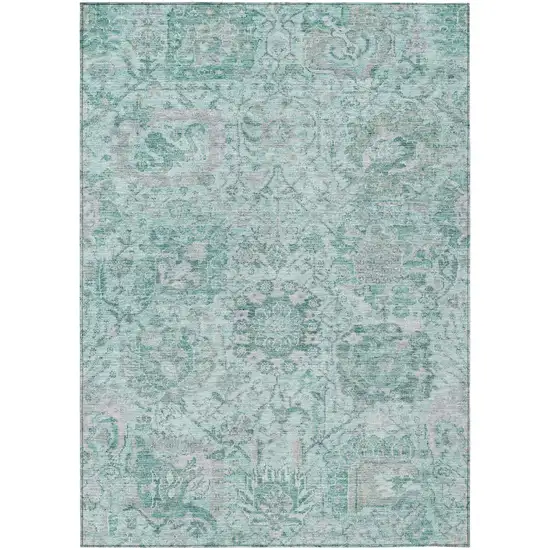 Teal Blue And Gray Damask Washable Indoor Outdoor Area Rug Photo 2