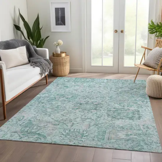 Teal Blue And Gray Damask Washable Indoor Outdoor Area Rug Photo 9