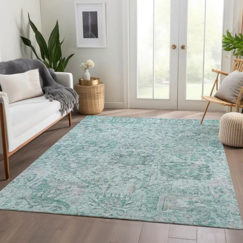 Teal Blue And Gray Damask Washable Indoor Outdoor Area Rug Photo 9