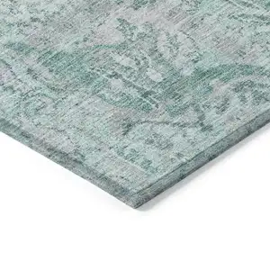 Photo of Teal Blue And Gray Damask Washable Indoor Outdoor Area Rug