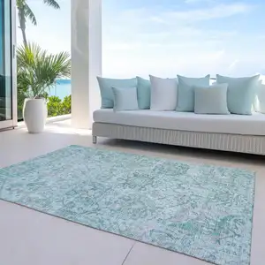 Photo of Teal Blue And Gray Damask Washable Indoor Outdoor Area Rug