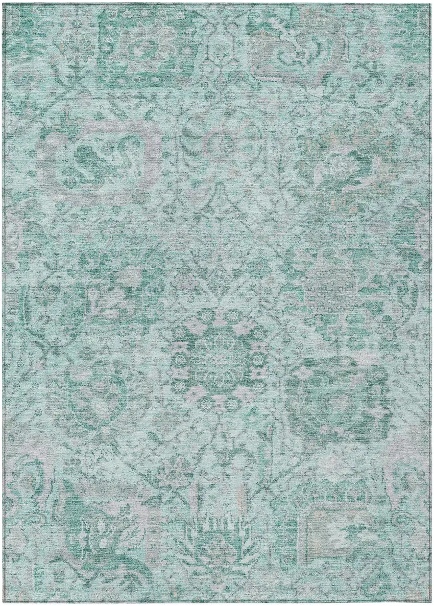 Teal Blue And Gray Damask Washable Indoor Outdoor Area Rug Photo 2