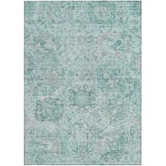 Teal Blue And Gray Damask Washable Indoor Outdoor Area Rug Photo 6