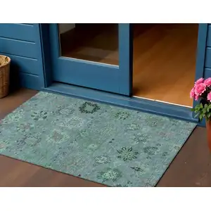 Photo of Teal Blue And Gray Damask Washable Indoor Outdoor Area Rug