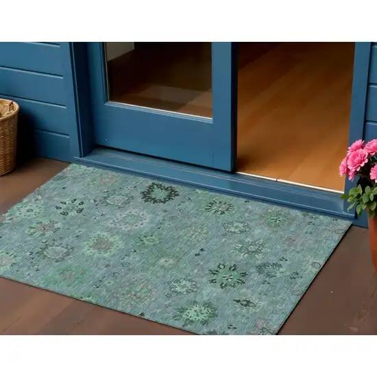 Teal Blue And Gray Damask Washable Indoor Outdoor Area Rug Photo 1