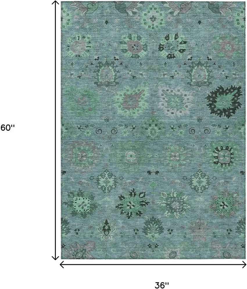Teal Blue And Gray Damask Washable Indoor Outdoor Area Rug Photo 3