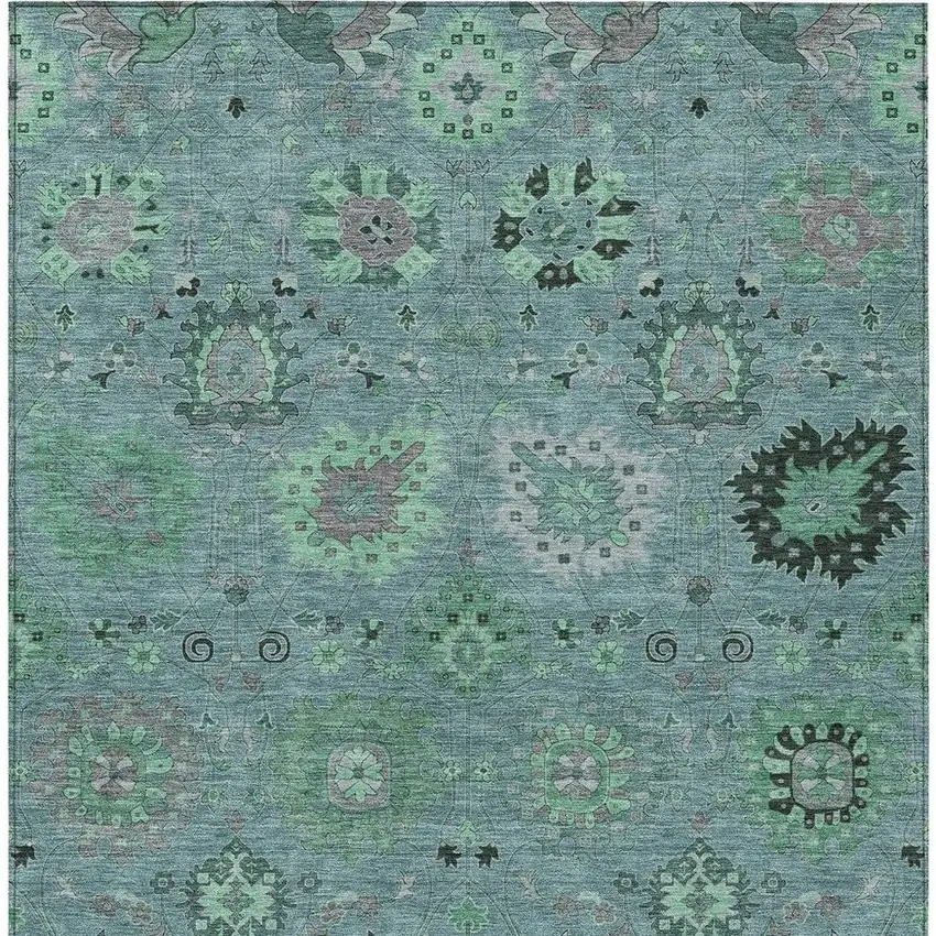 Teal Blue And Gray Damask Washable Indoor Outdoor Area Rug Photo 7