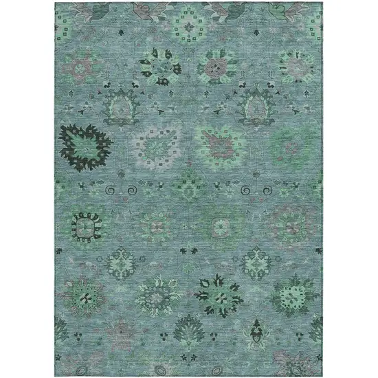 Teal Blue And Gray Damask Washable Indoor Outdoor Area Rug Photo 4