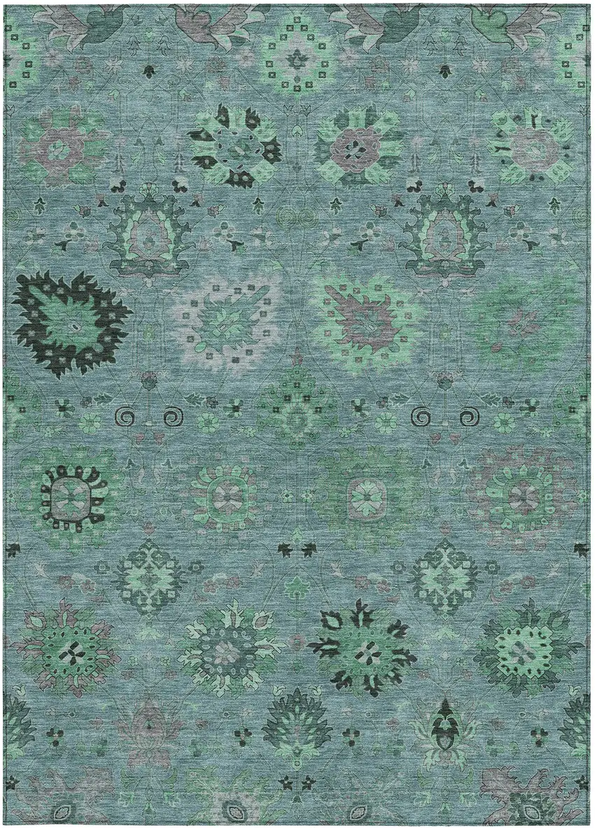 Teal Blue And Gray Damask Washable Indoor Outdoor Area Rug Photo 4
