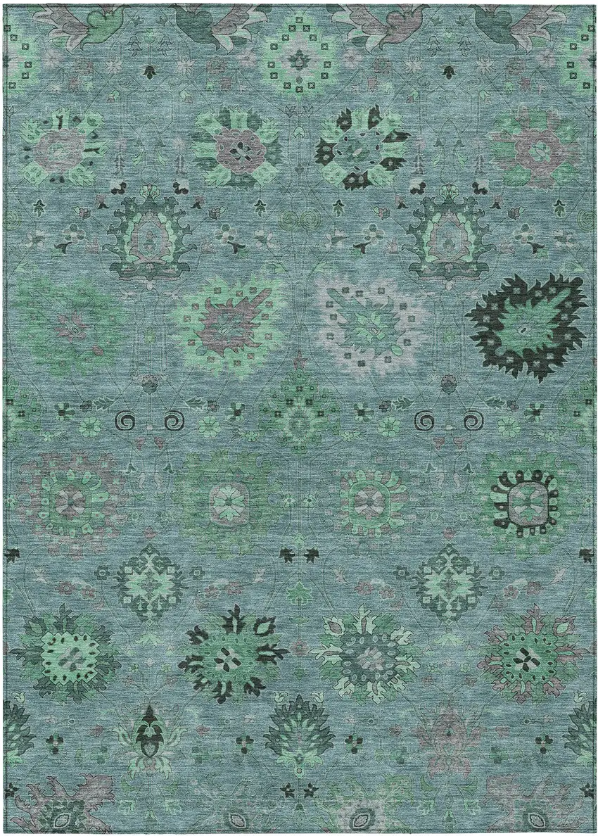 Teal Blue And Gray Damask Washable Indoor Outdoor Area Rug Photo 2