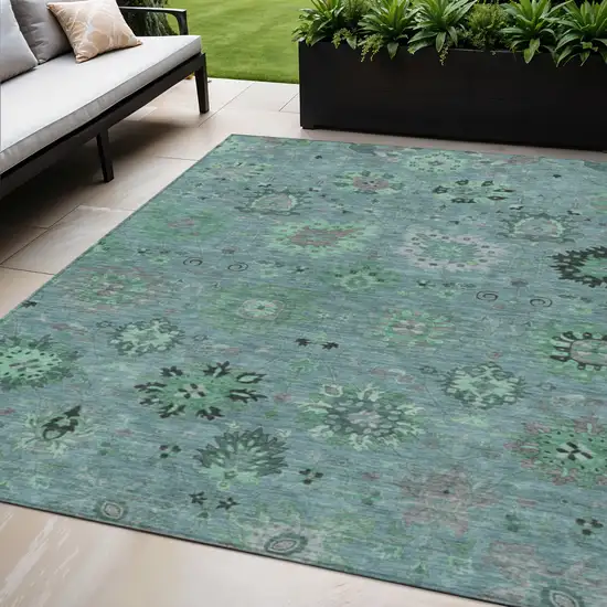 Teal Blue And Gray Damask Washable Indoor Outdoor Area Rug Photo 1