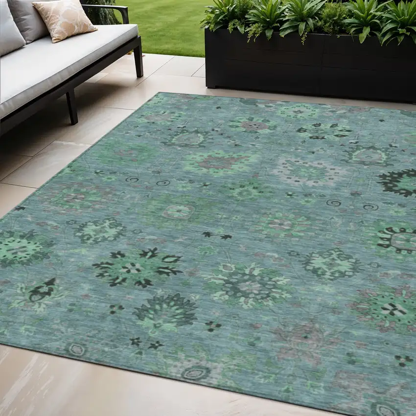 Teal Blue And Gray Damask Washable Indoor Outdoor Area Rug Photo 1