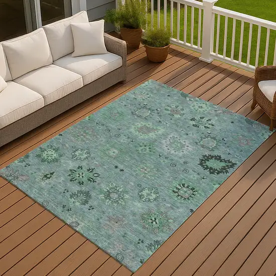 Teal Blue And Gray Damask Washable Indoor Outdoor Area Rug Photo 7