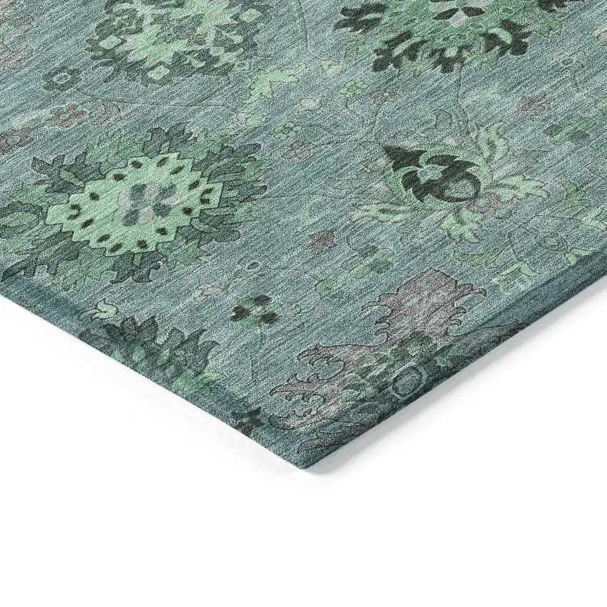 Teal Blue And Gray Damask Washable Indoor Outdoor Area Rug Photo 6