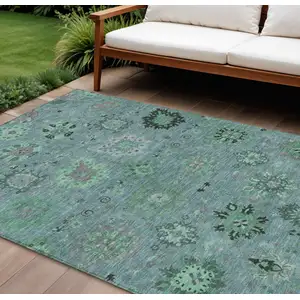 Photo of Teal Blue And Gray Damask Washable Indoor Outdoor Area Rug