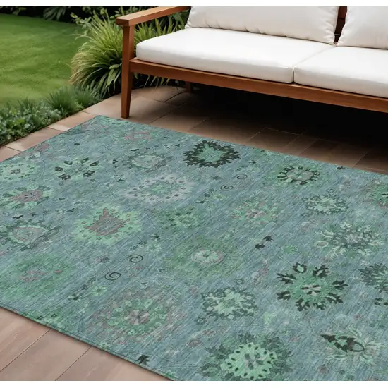 Teal Blue And Gray Damask Washable Indoor Outdoor Area Rug Photo 1