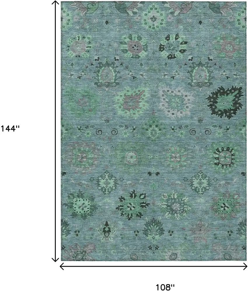 Teal Blue And Gray Damask Washable Indoor Outdoor Area Rug Photo 3