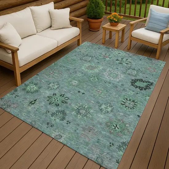 Teal Blue And Gray Damask Washable Indoor Outdoor Area Rug Photo 9