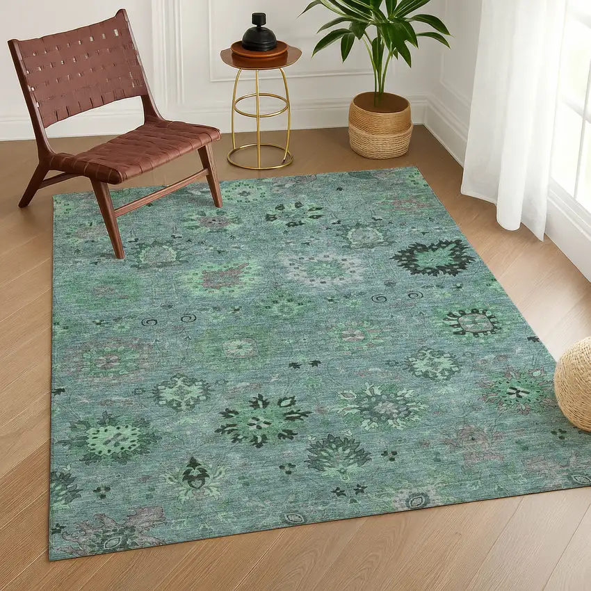 Teal Blue And Gray Damask Washable Indoor Outdoor Area Rug Photo 9