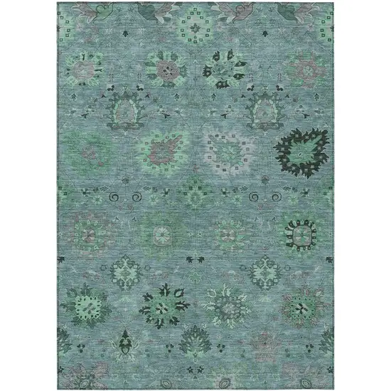 Teal Blue And Gray Damask Washable Indoor Outdoor Area Rug Photo 2