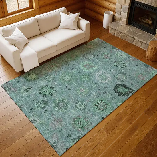 Teal Blue And Gray Damask Washable Indoor Outdoor Area Rug Photo 8