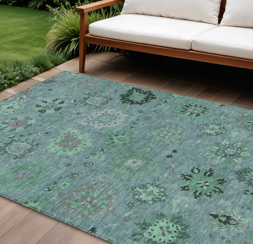 Teal Blue And Gray Damask Washable Indoor Outdoor Area Rug Photo 1