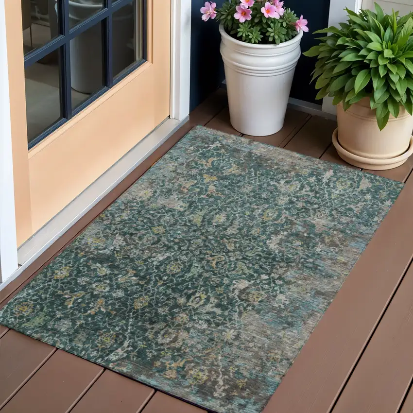 Teal Blue And Gray Damask Washable Indoor Outdoor Area Rug Photo 1