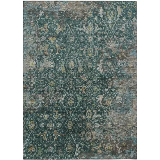 Teal Blue And Gray Damask Washable Indoor Outdoor Area Rug Photo 9