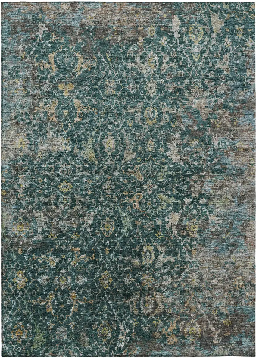 Teal Blue And Gray Damask Washable Indoor Outdoor Area Rug Photo 9