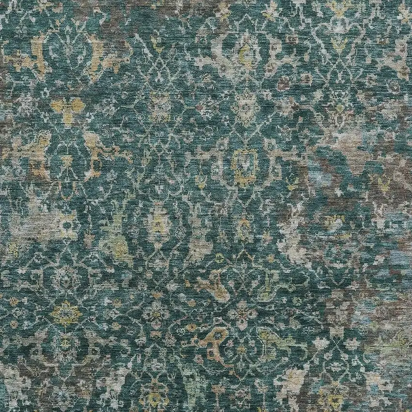 Teal Blue And Gray Damask Washable Indoor Outdoor Area Rug Photo 3