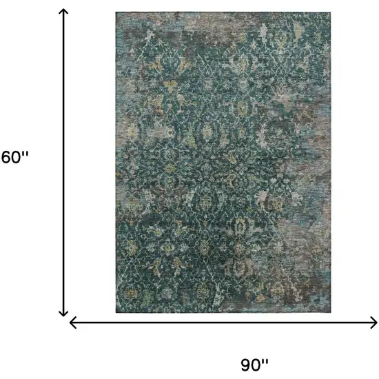 Teal Blue And Gray Damask Washable Indoor Outdoor Area Rug Photo 3