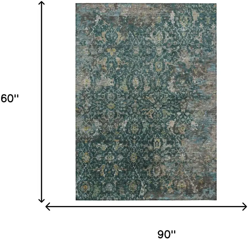 Teal Blue And Gray Damask Washable Indoor Outdoor Area Rug Photo 3