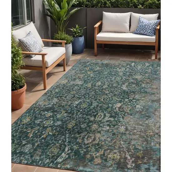 Teal Blue And Gray Damask Washable Indoor Outdoor Area Rug Photo 1
