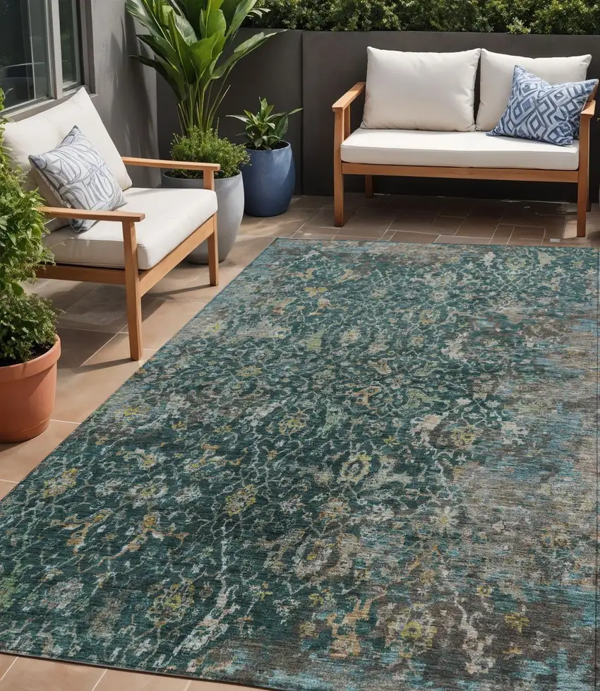 Teal Blue And Gray Damask Washable Indoor Outdoor Area Rug Photo 1