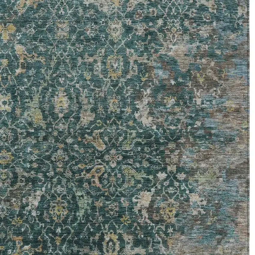 Teal Blue And Gray Damask Washable Indoor Outdoor Area Rug Photo 4