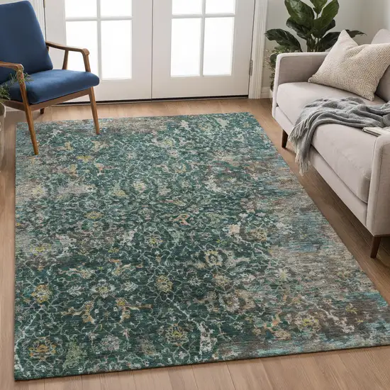 Teal Blue And Gray Damask Washable Indoor Outdoor Area Rug Photo 5