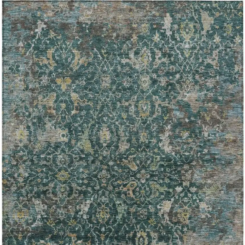 Teal Blue And Gray Damask Washable Indoor Outdoor Area Rug Photo 4